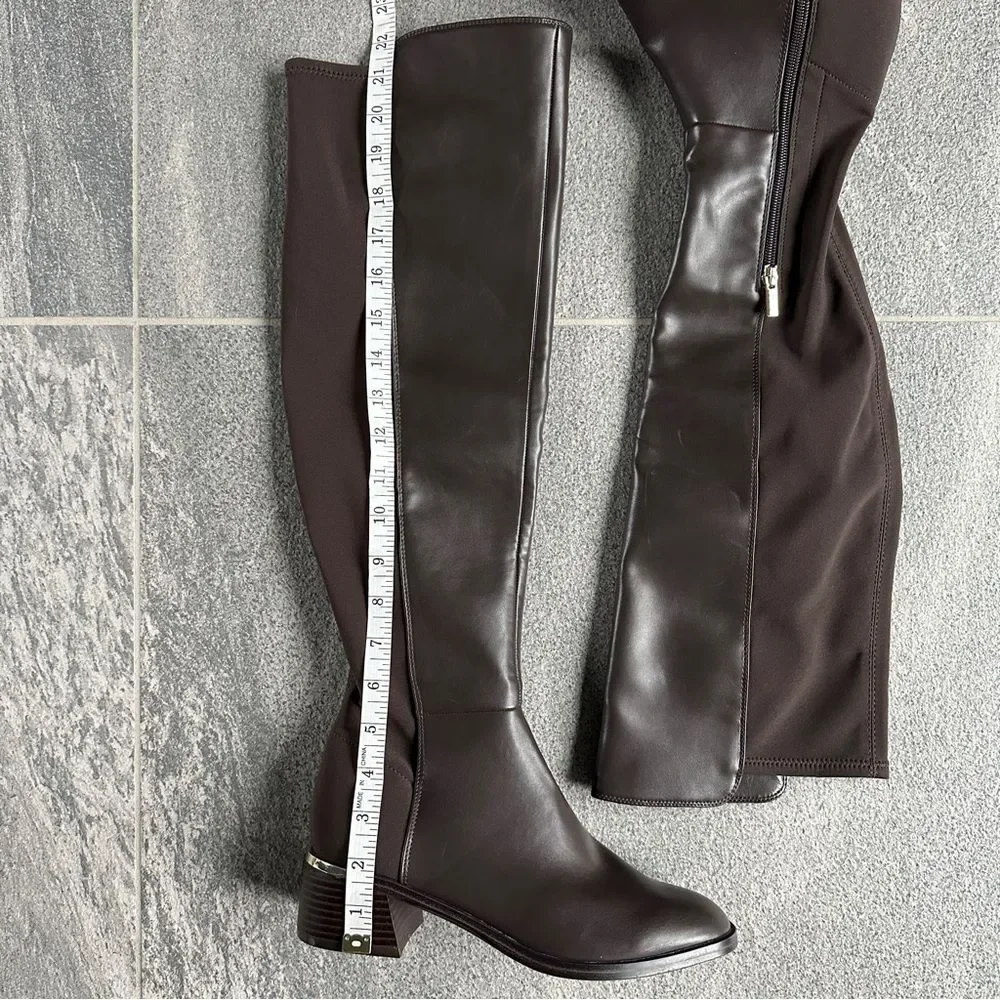 NWOB Calvin Klein Jotty Over The Knee Dress Boots Round Toe Brown Faux Leather 7